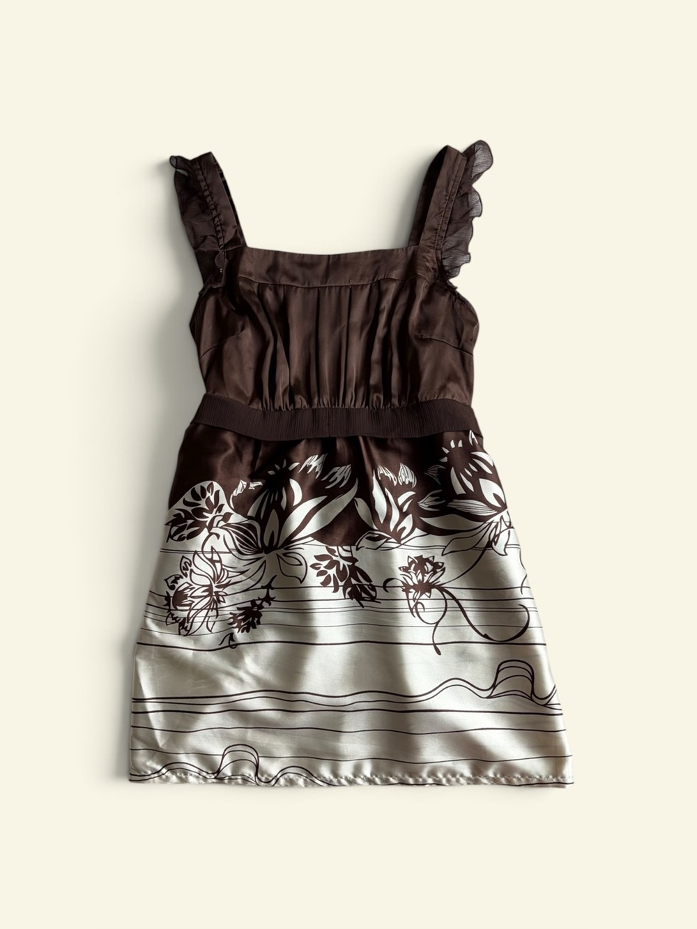 Vintage Y2K Venus Brown Floral Satin Mini Dress Ruffle Smocked Back Boho Size 6